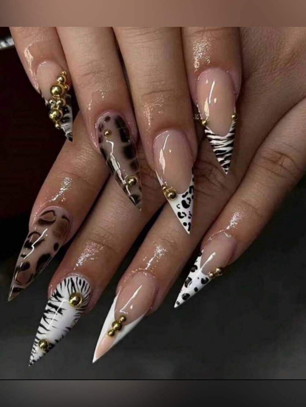 Stiletto Animal Print Acrylic Nails in Nude, White & Black…New
